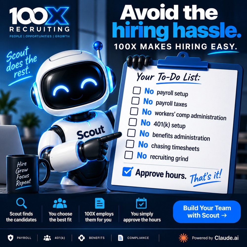 Avoid the hiring hassle — no payroll setup, no payroll taxes, no workers comp, no 401(k) setup, no benefits admin. You just approve the hours.
